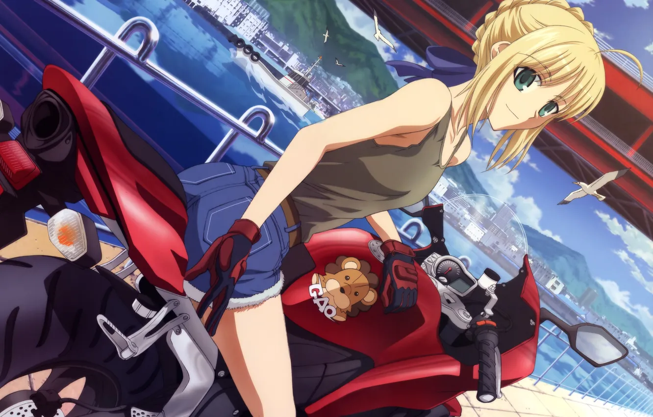 Photo wallpaper look, girl, river, motorcycle, bike, saber, fate stay night