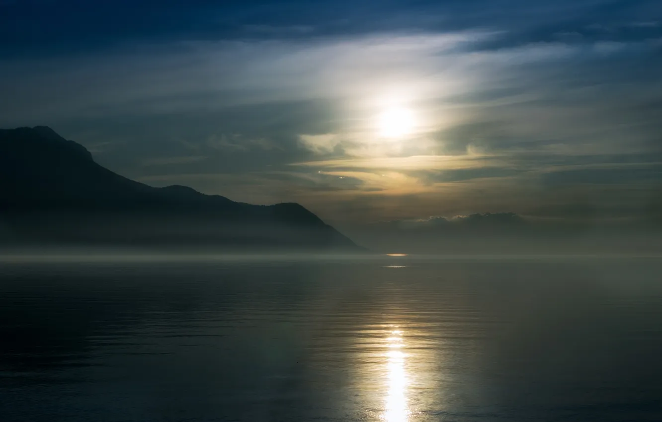 Photo wallpaper sea, the sun, clouds, mountains, haze