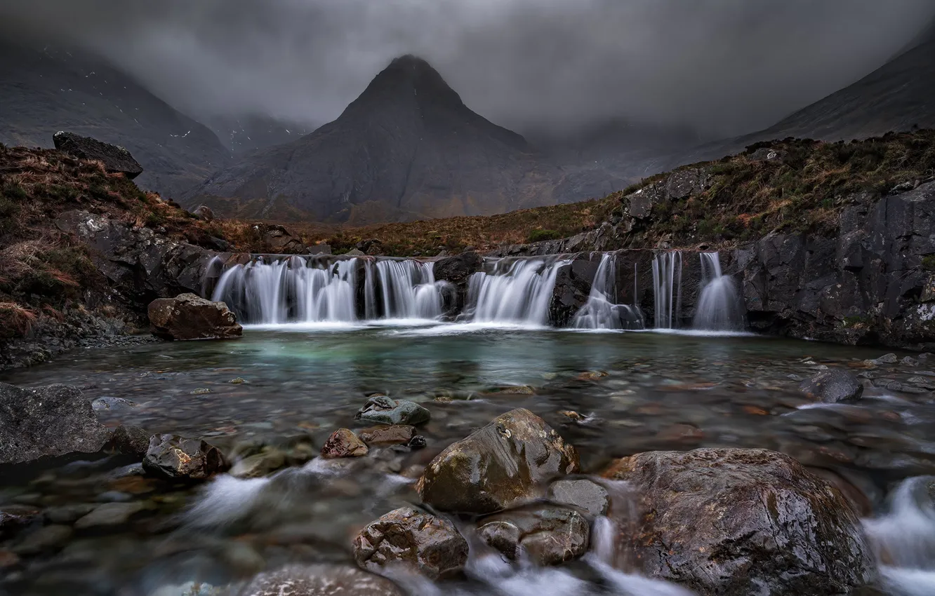 Photo wallpaper mountains, river, stones, hills, waterfall, Scotland, cascade, Scotland