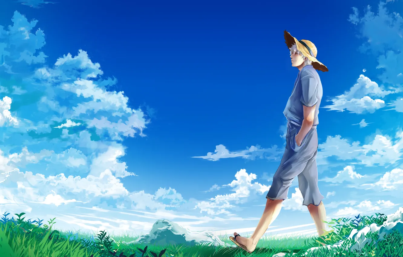 Photo wallpaper the sky, clouds, hat, meadow, guy, Gintama, Gintama, Sakata Gintoki