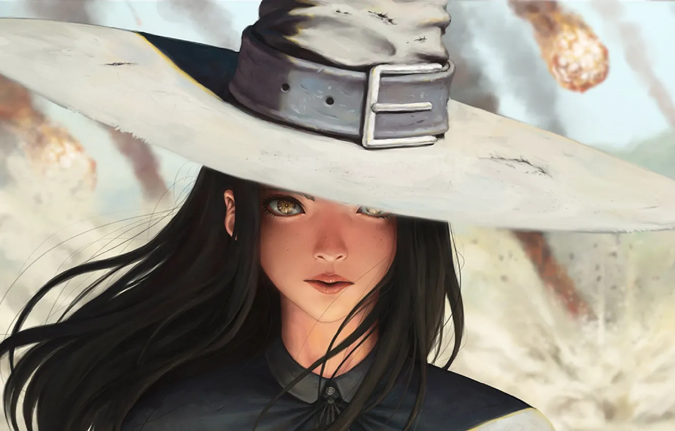 Photo wallpaper girl, hat, anime, face, black hair, meteorite, freckles, anime girl