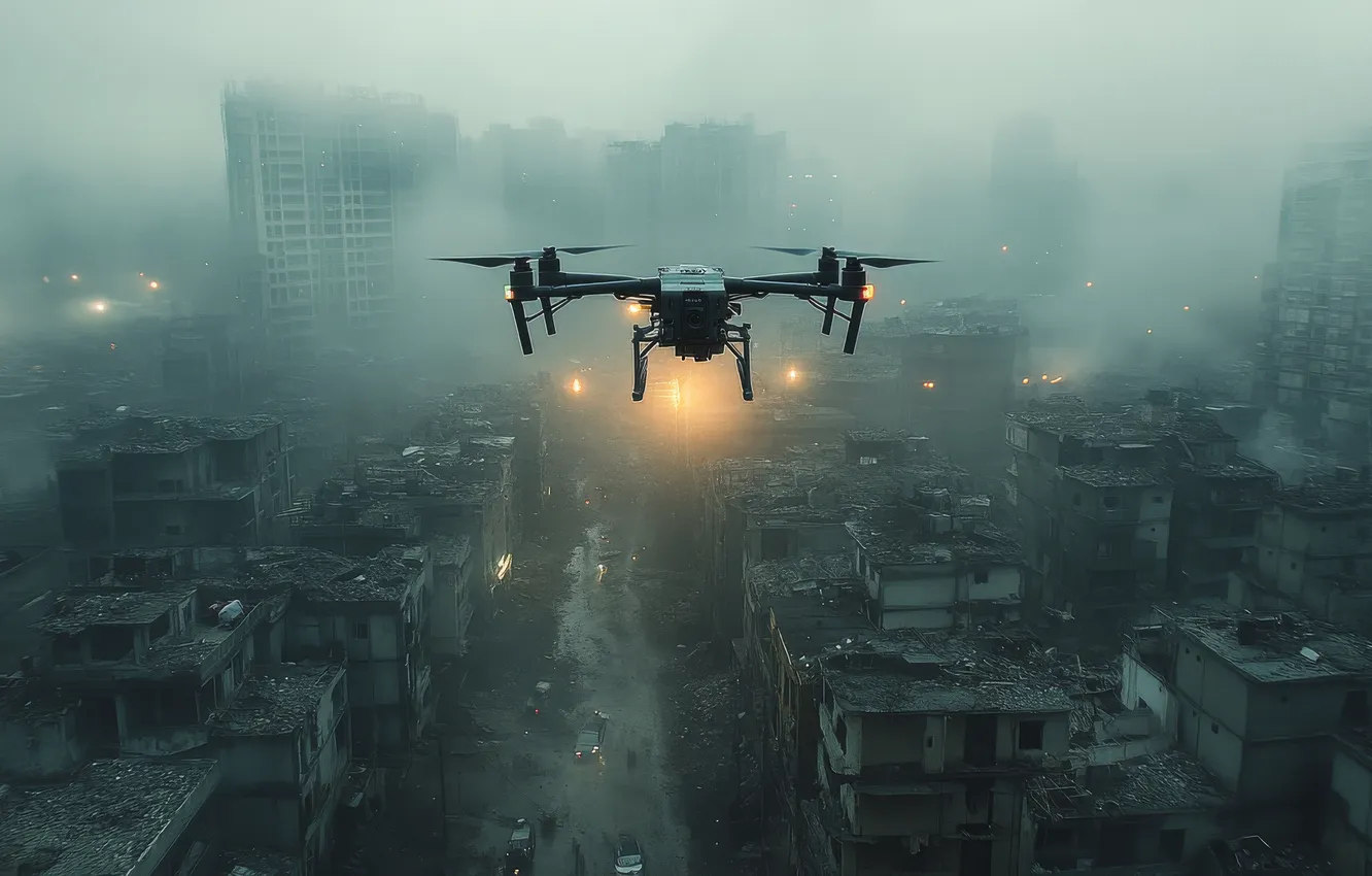 Photo wallpaper roof, flight, the city, lights, fog, smoke, building, home