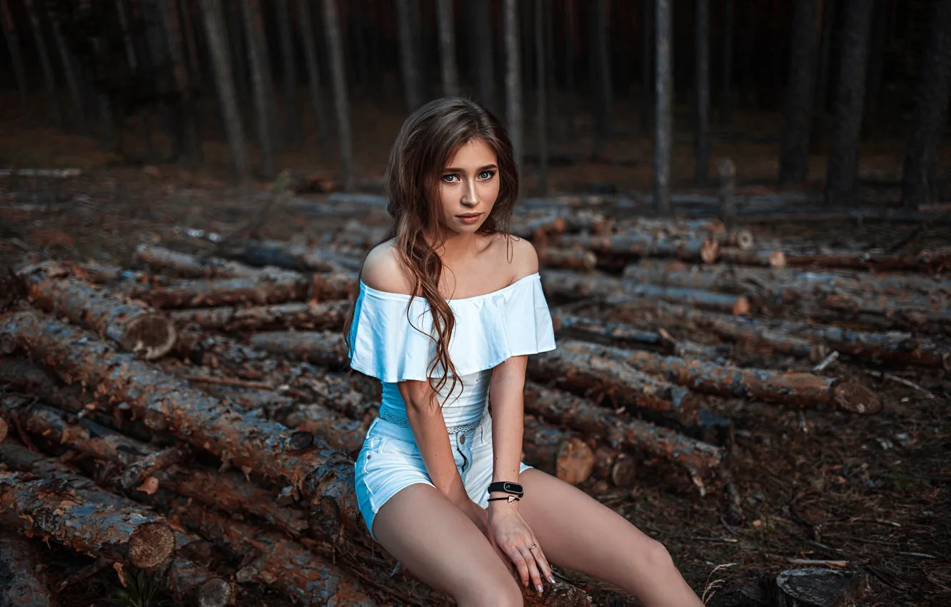 Photo wallpaper look, trees, nature, pose, model, shorts, portrait, makeup