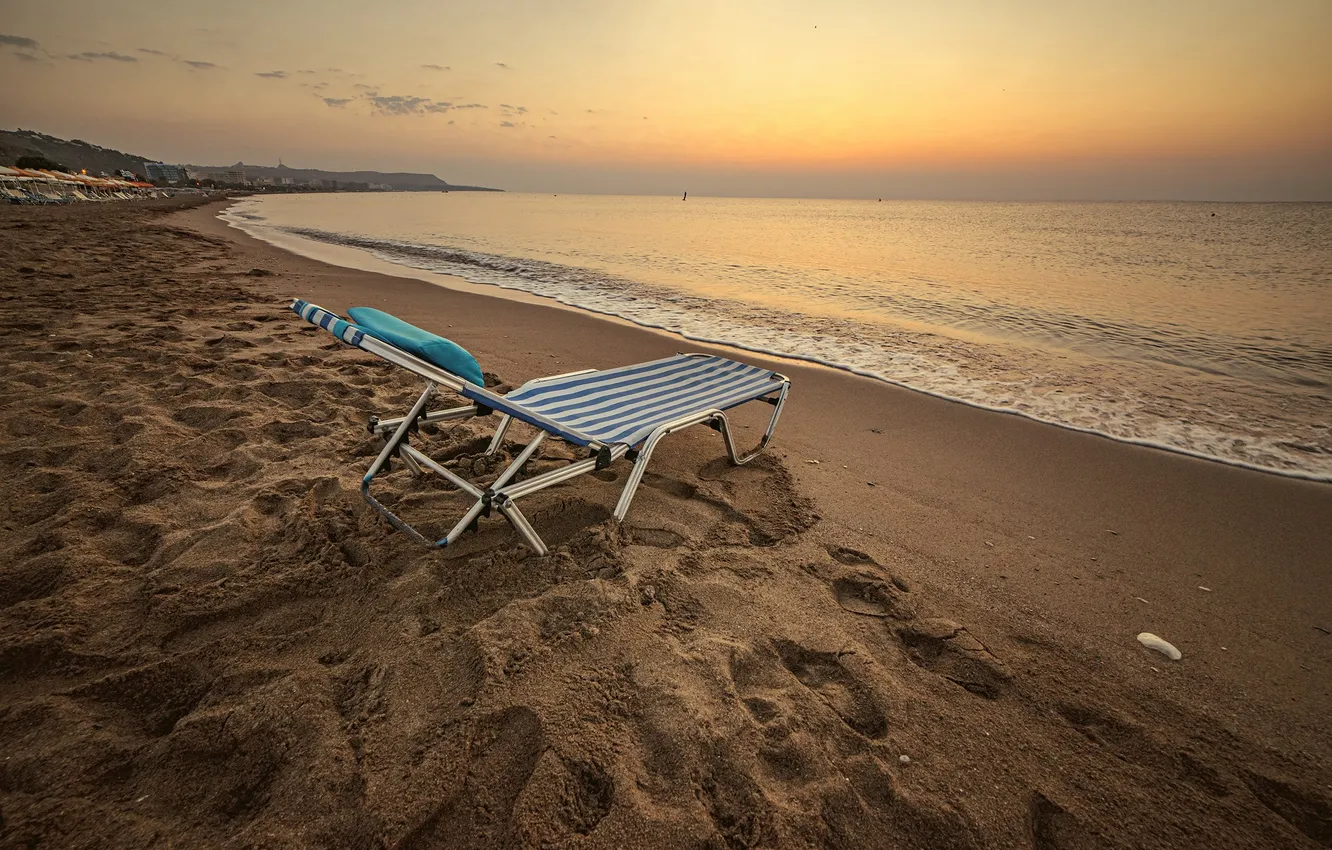 Photo wallpaper sand, sea, beach, summer, the sky, light, sunset, traces
