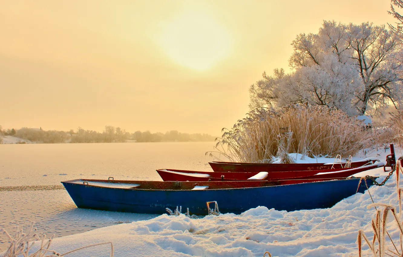 Photo wallpaper winter, snow, river, boats, the evening