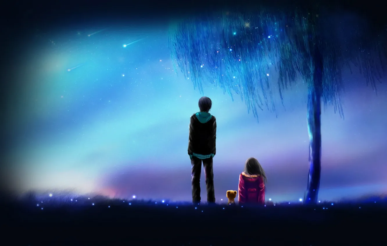 Photo wallpaper girl, stars, love, night, lights, fog, tree, meteor