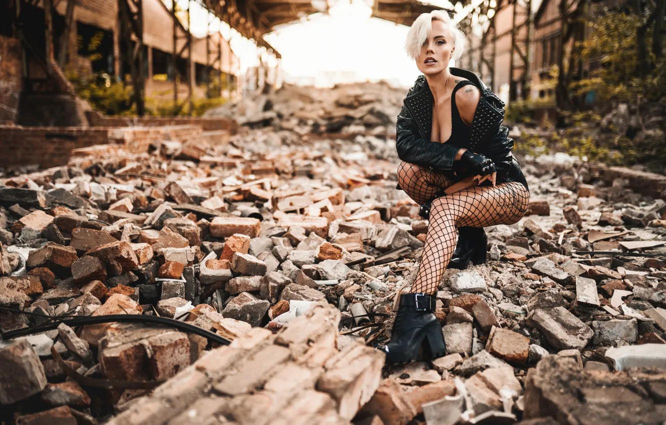 Photo wallpaper girl, pose, jacket, blonde, the ruins, devastation, tights, bricks