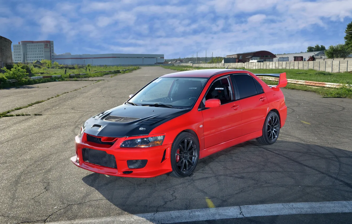 Photo wallpaper red, the hood, red, mitsubishi, Lancer, evolution, Mitsubishi, lancer evolution