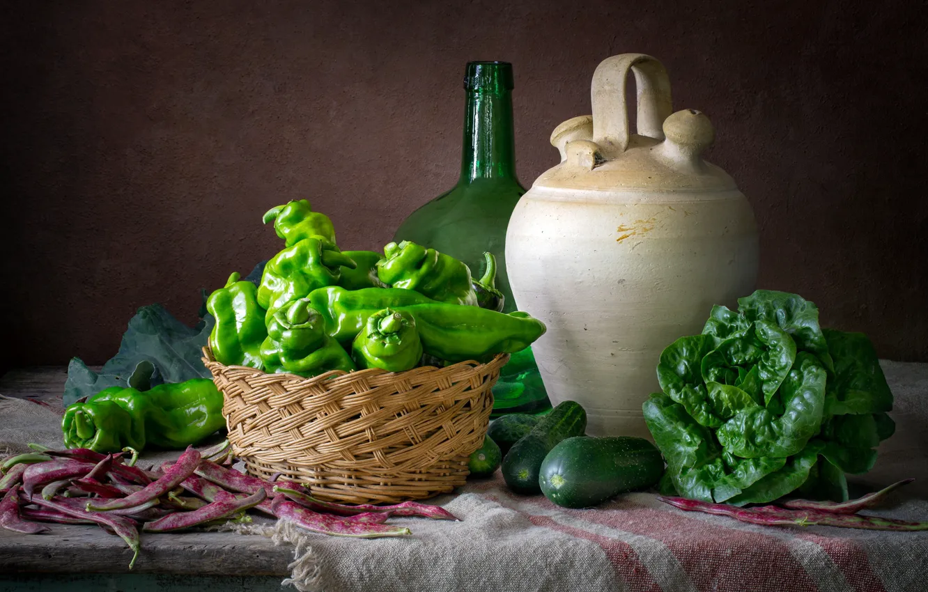 Photo wallpaper green, the dark background, table, bottle, pepper, pitcher, still life, items