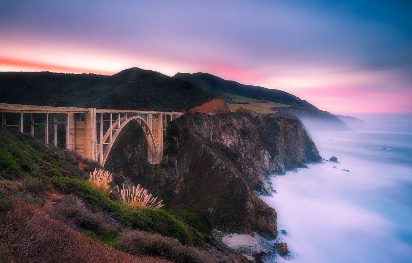 Photo wallpaper sea, the sky, bridge, the ocean, rocks, morning