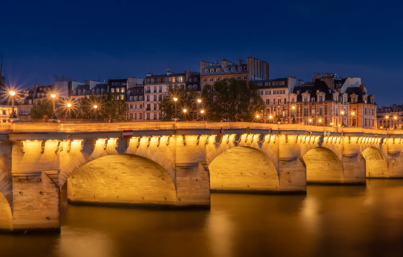 Photo wallpaper the sky, light, night, bridge, the city, lights, blue, France