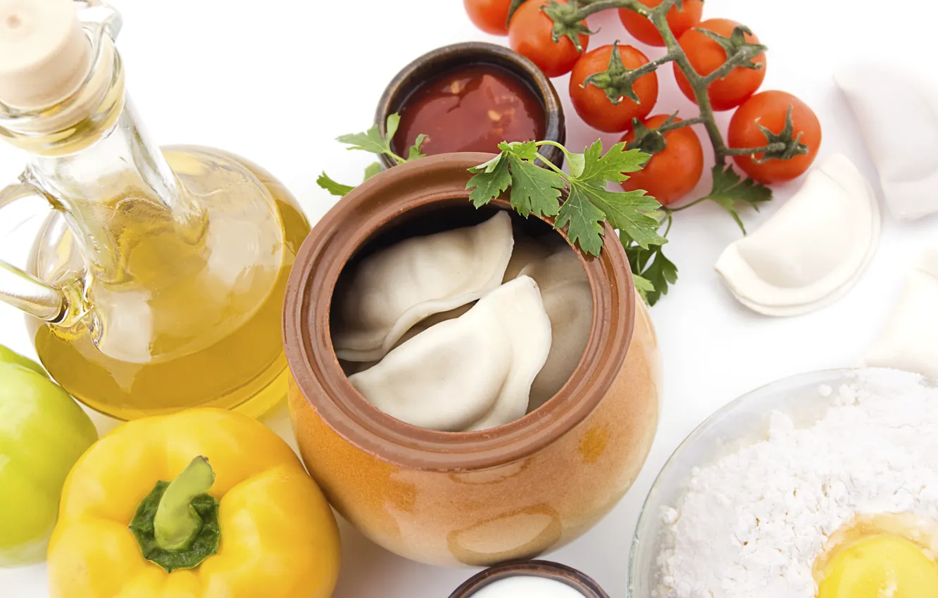 Photo wallpaper greens, tomatoes, bell pepper, pot, dumplings, garnish, olive oil, tomato