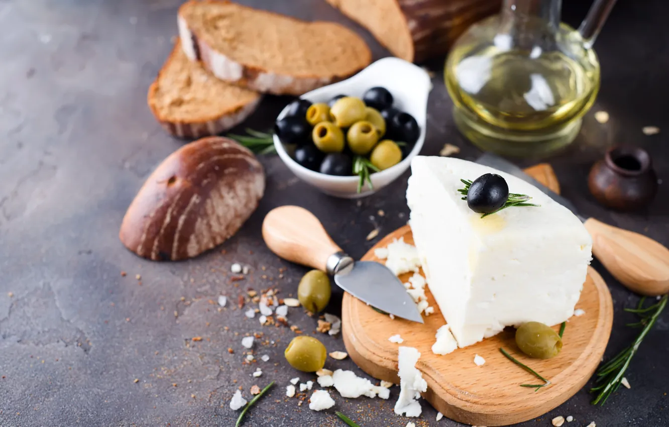 Photo wallpaper oil, cheese, bread, olives
