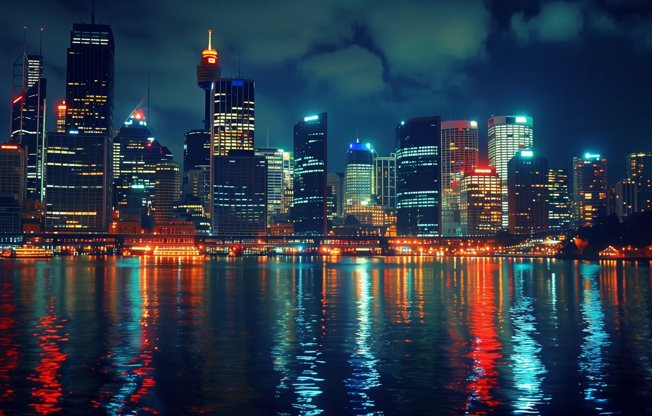 Wallpaper city, colorful, skyline, water, reflection, AI art for mobile ...