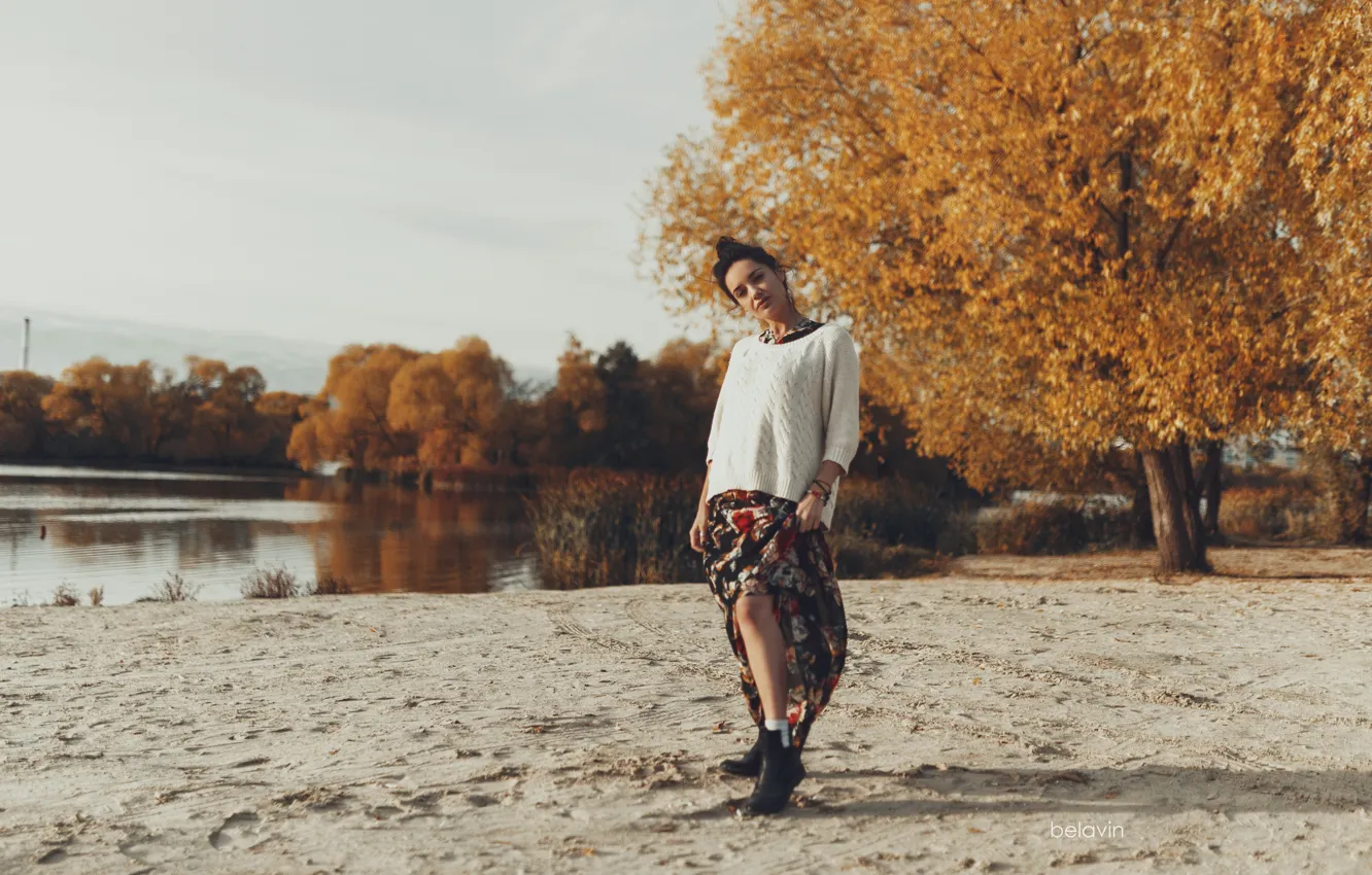 Photo wallpaper water, girl, trees, pose, hair, hands, dress, legs