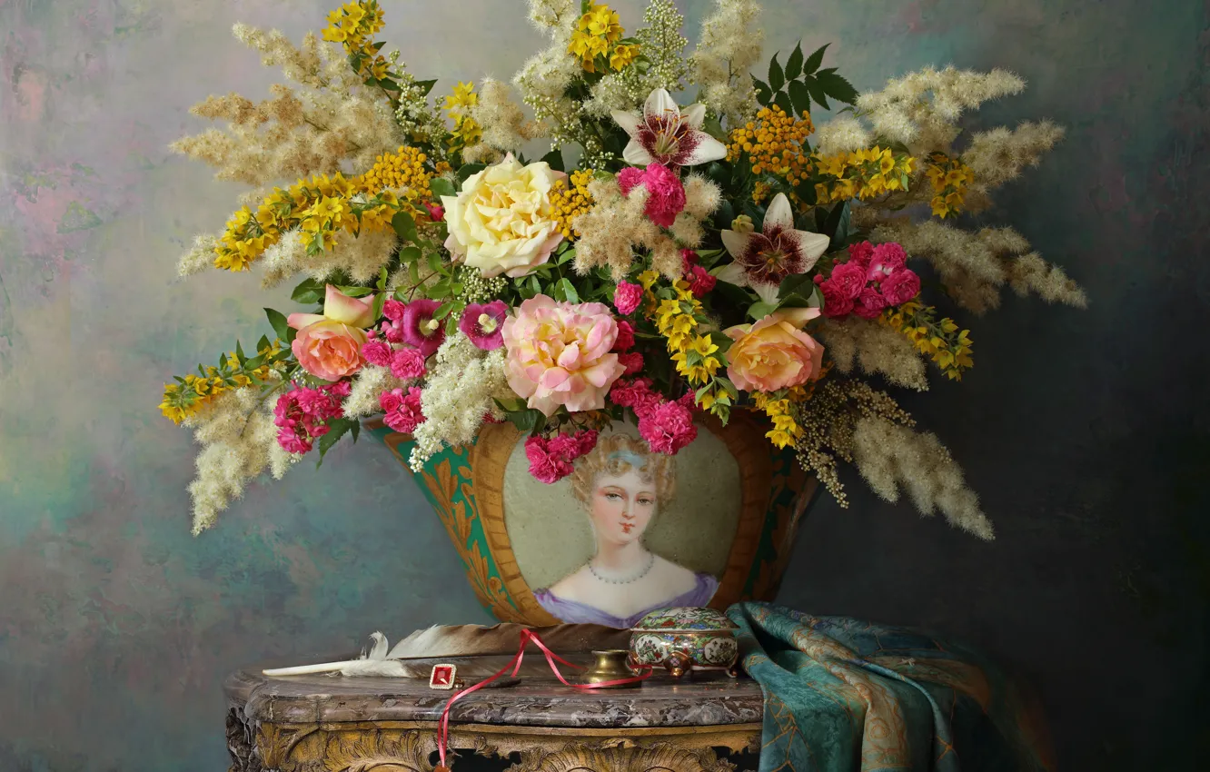 Photo wallpaper flowers, style, background, Lily, roses, bouquet, feathers, box