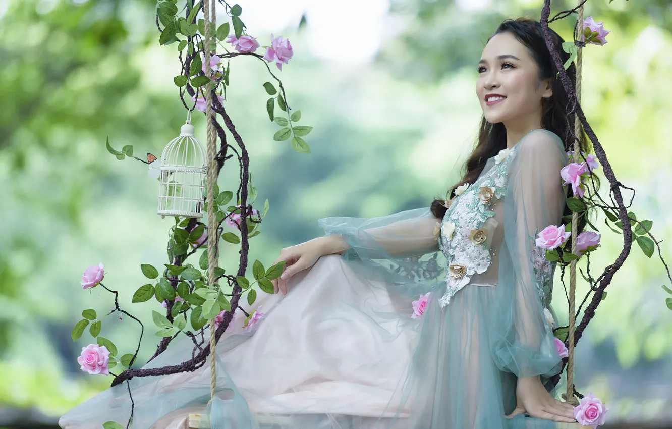 Photo wallpaper smile, swing, roses, Asian, smile, blurred background, swing, asian