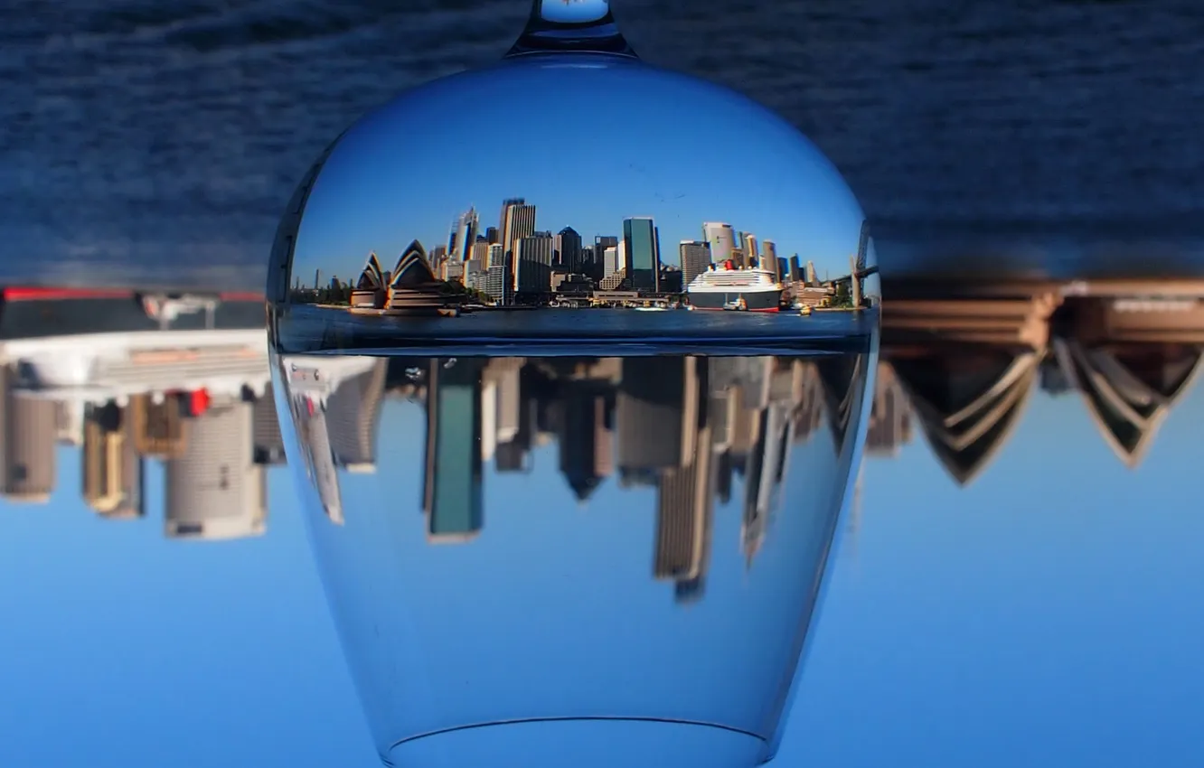 Photo wallpaper Strait, glass, skyscrapers, Sydney, upside down world
