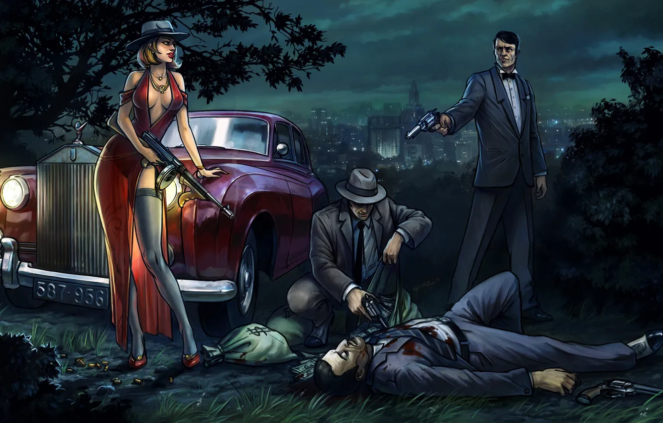 Photo wallpaper machine, girl, night, weapons, man, mafia, Mafia