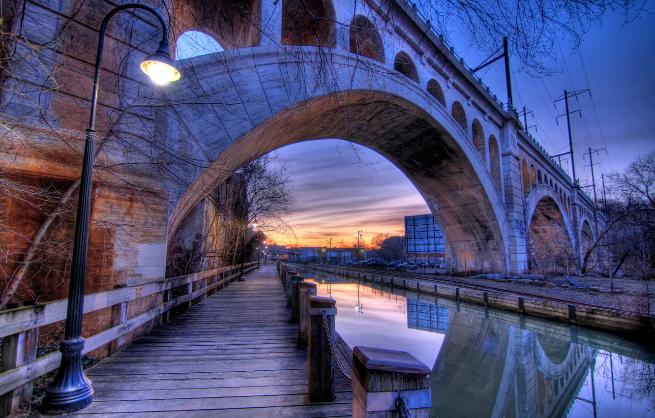 Photo wallpaper bridge, lantern, channel, USA, Evening, Philadelphia, Bridges, Rivers