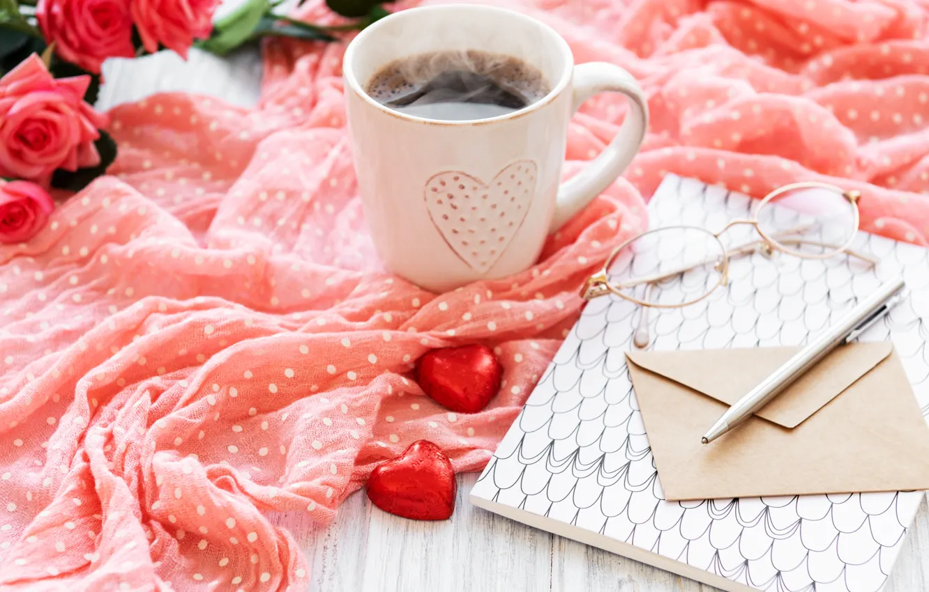 Photo wallpaper letter, coffee, bouquet, candy, handle, Cup, Notepad, the envelope