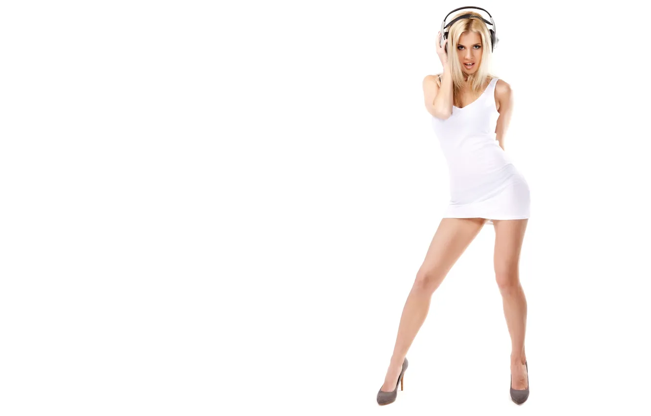 Photo wallpaper pose, background, headphones, heels, girl. white dress