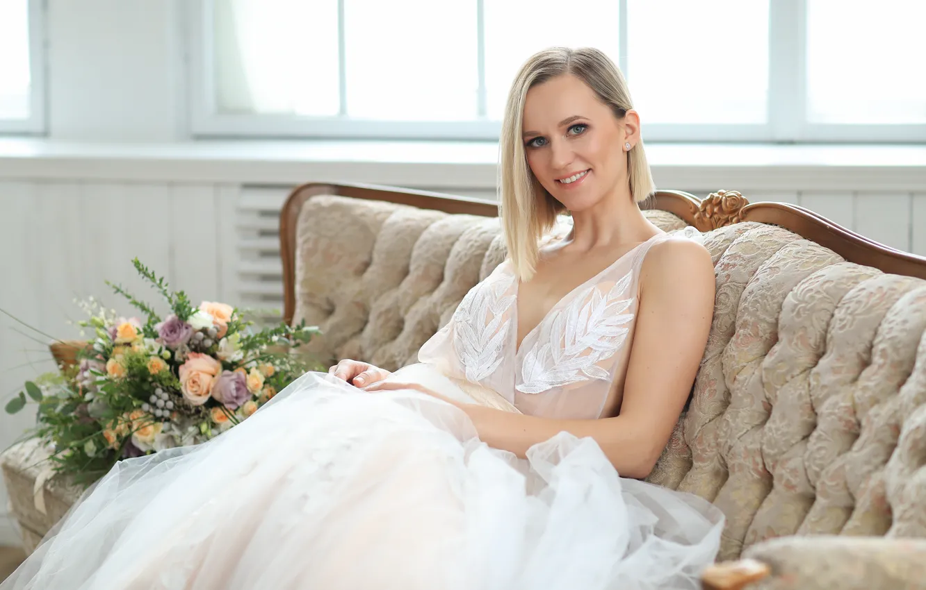 Photo wallpaper white, look, girl, light, flowers, pose, smile, room