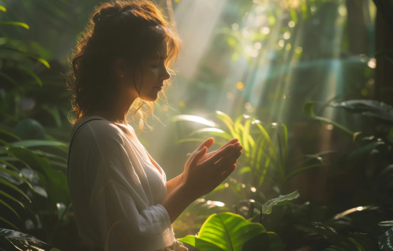 Photo wallpaper forest, girl, nature, meditation, digital art, AI art, The Art of Artificial Intelligence, Wellness practice