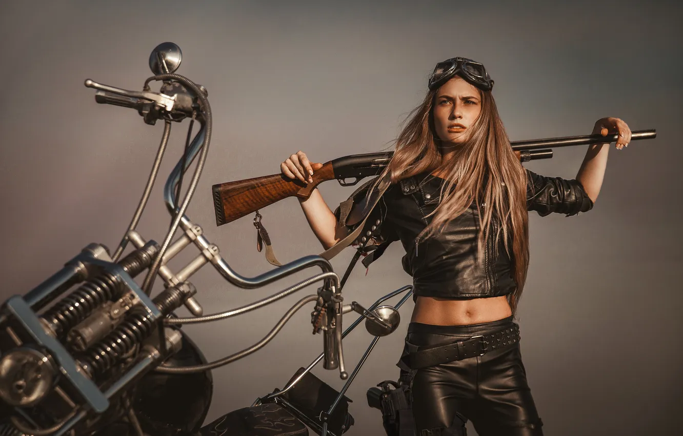 Photo wallpaper Weapons, girl, glasses, leather clothes, beautiful