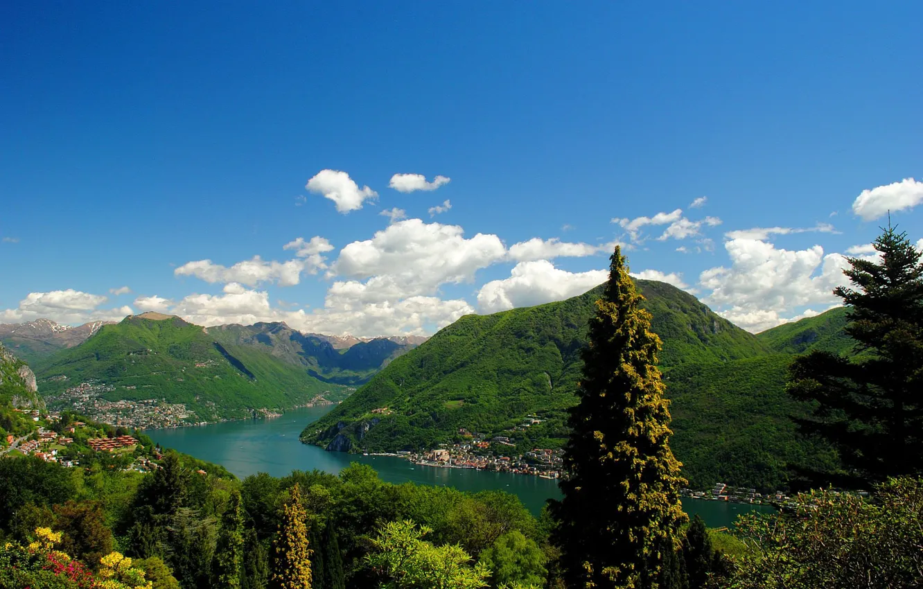 Photo wallpaper the sky, clouds, mountains, lake, Switzerland, Lugano