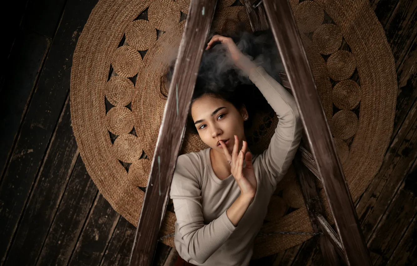 Photo wallpaper look, girl, pose, photo, smoke, on the floor, Kustarev Maxim