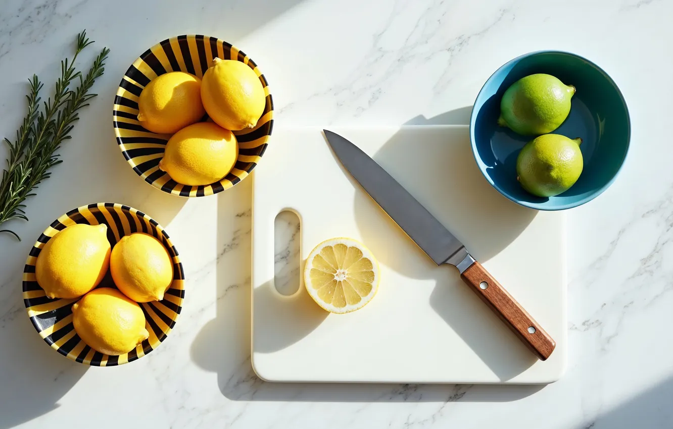 Photo wallpaper lemon, knife, AI art