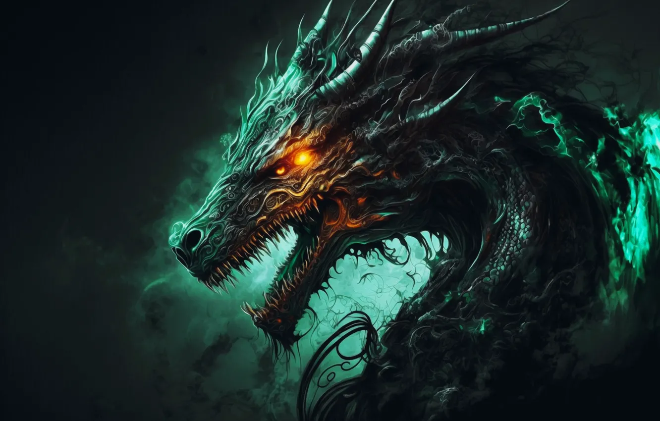 Photo wallpaper look, face, pose, green, fog, dragon, smoke, fantasy