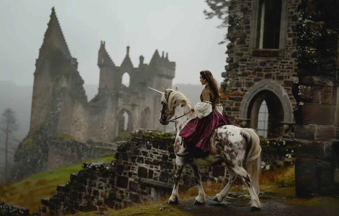 Photo wallpaper girl, nature, fog, castle, horse, woman, horse, rider