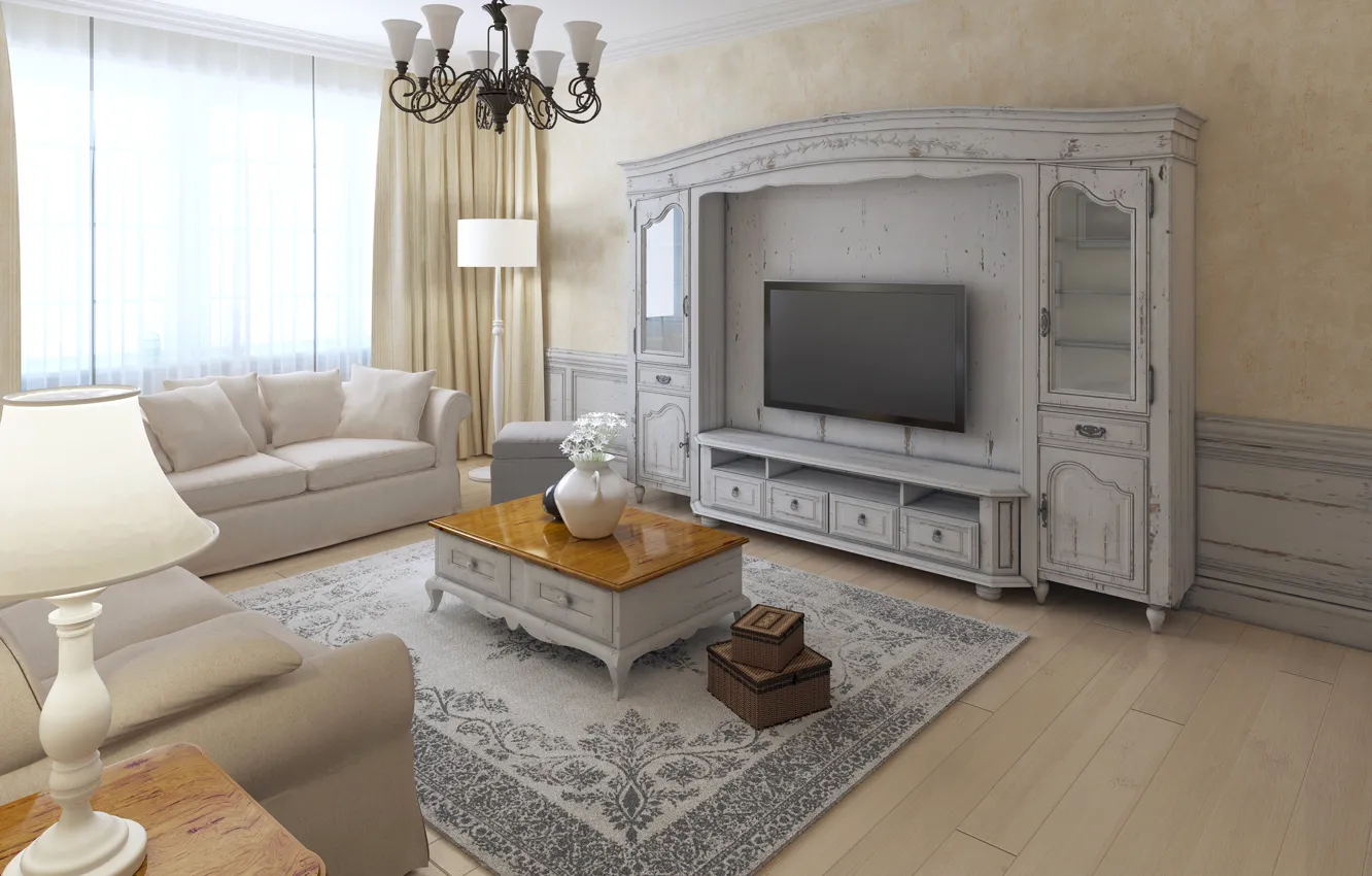 Photo wallpaper design, retro, sofa, chandelier, box, wardrobe, design, living room