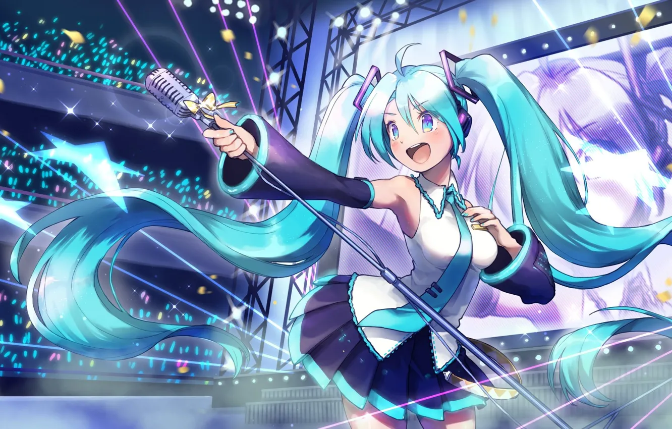 Photo wallpaper girl, concert, microphone, Hatsune Miku, Vocaloid, blue hair, speech, anime girl