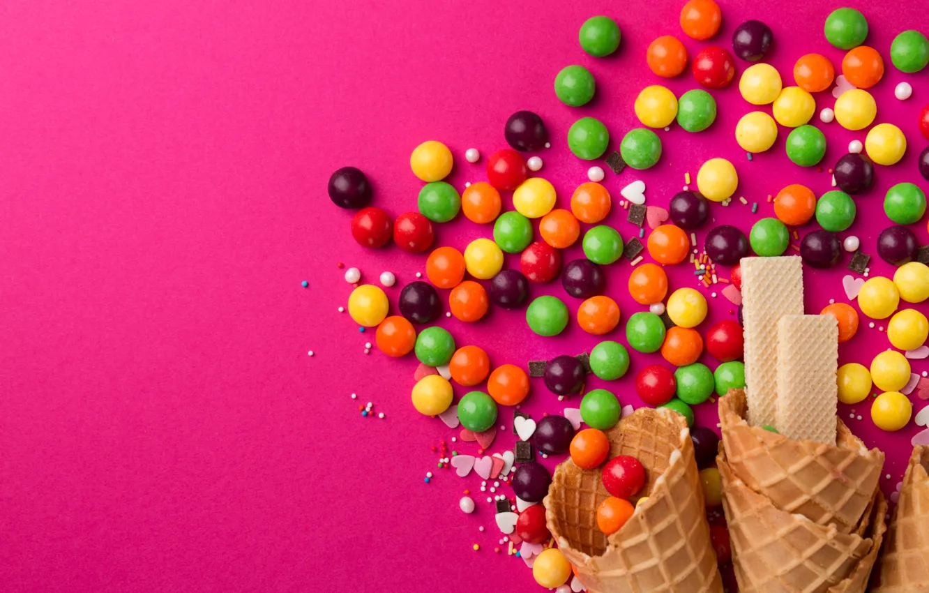 Photo wallpaper candy, pink background, dessert, waffles, waffle cone