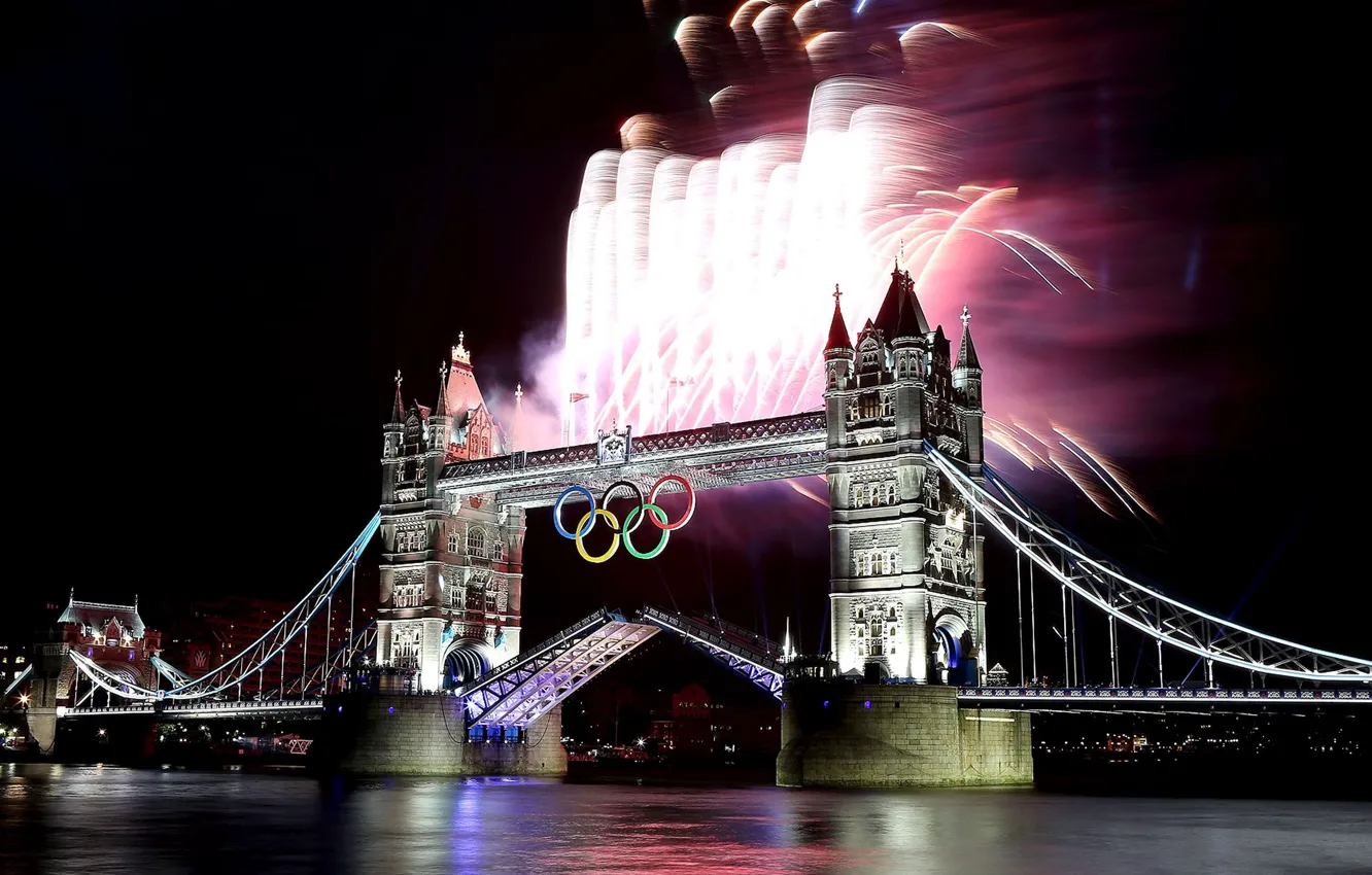 Photo wallpaper night, bridge, London, fireworks, Tower bridge, London 2012, the Olympic rings