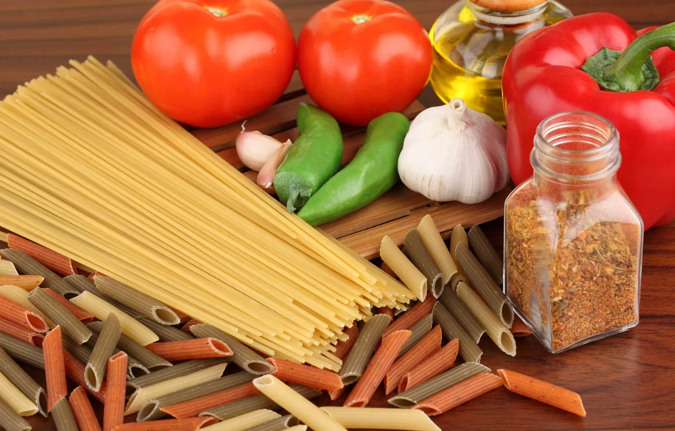 Photo wallpaper horn, tomatoes, spaghetti, pasta
