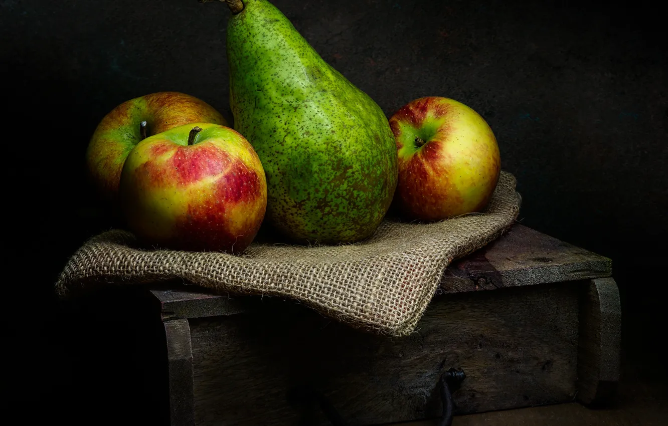 Photo wallpaper apples, still life, pear, burlap