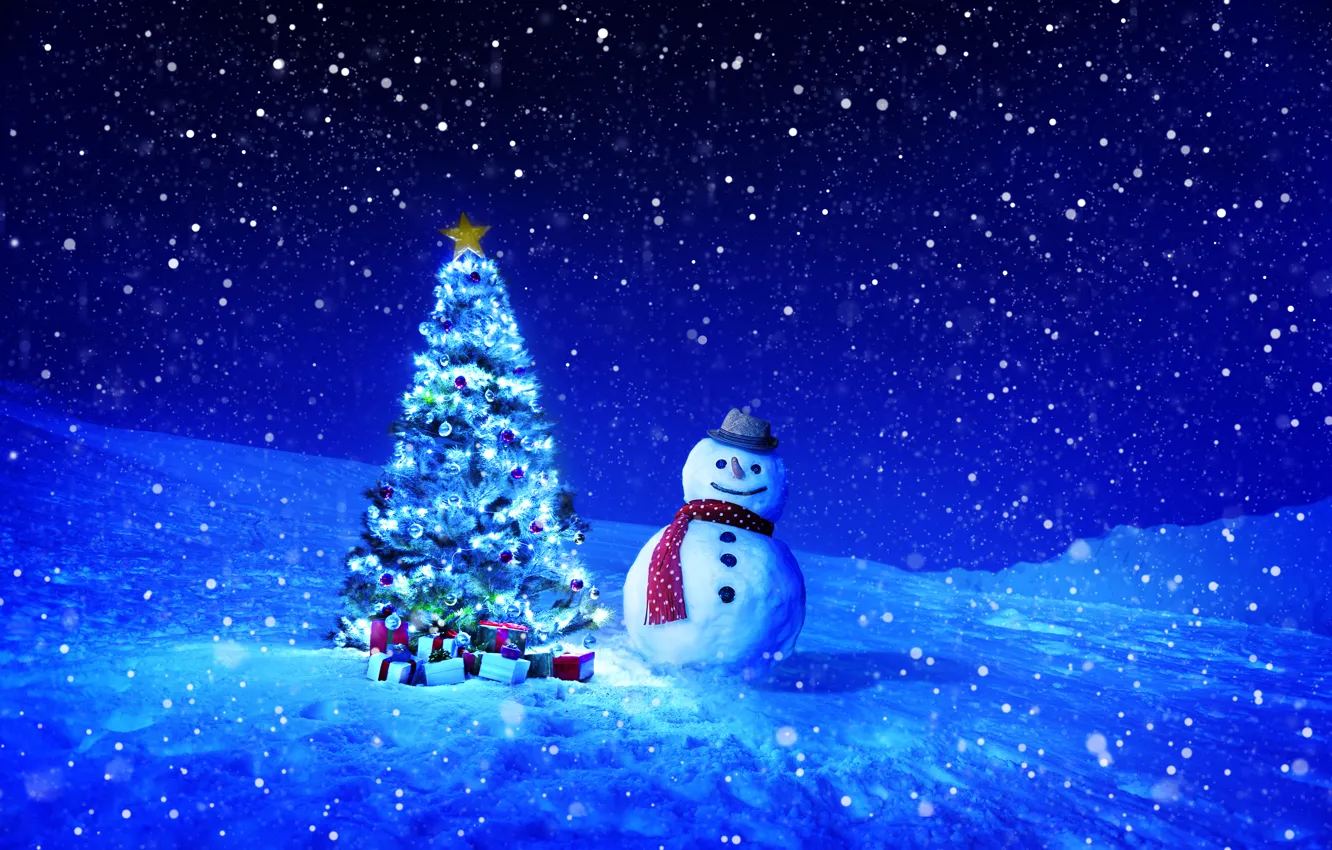 Photo wallpaper winter, snow, snowflakes, night, holiday, gift, toy, tree