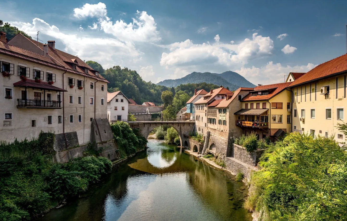 Photo wallpaper landscape, mountains, bridge, river, home, arch