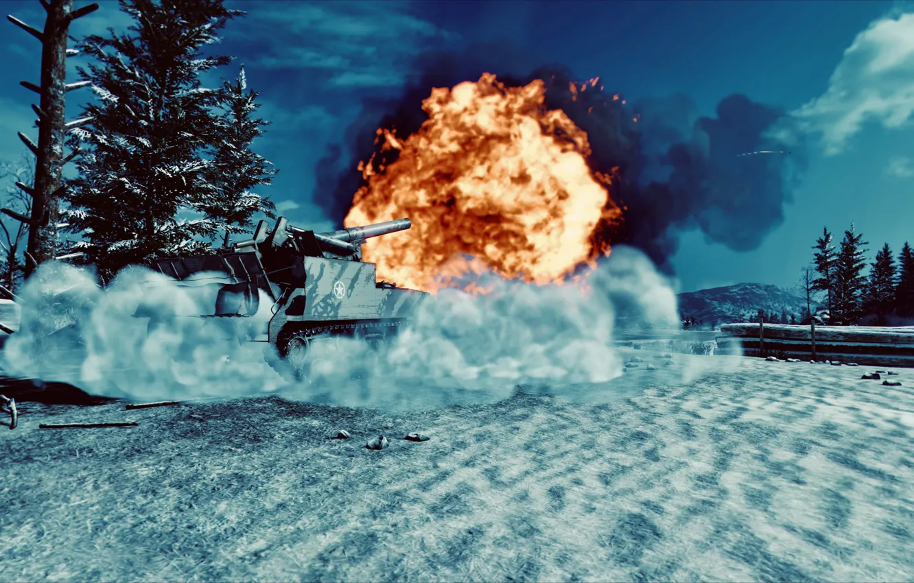 Photo wallpaper HDR, game, sky, smoke, snow, tree, WoT, shot