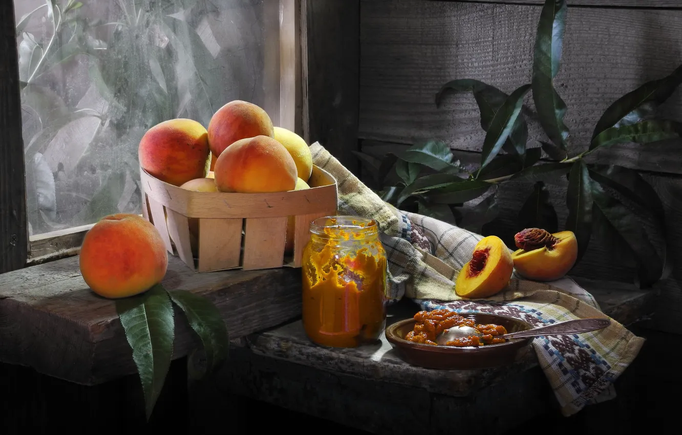 Photo wallpaper leaves, Board, towel, Bank, fruit, basket, peaches, jam