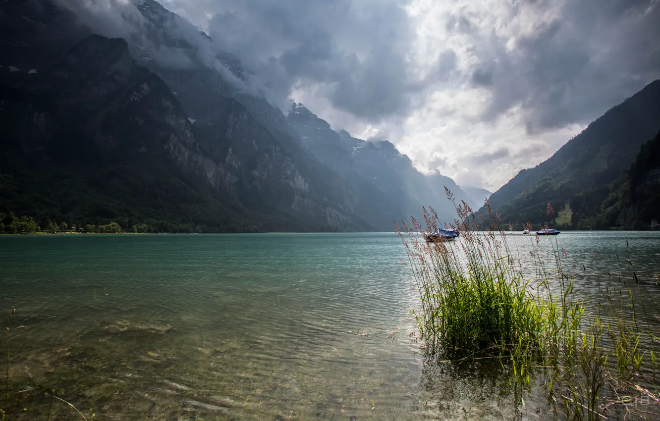 Photo wallpaper mountains, clouds, lake, Switzerland, klöntalersee