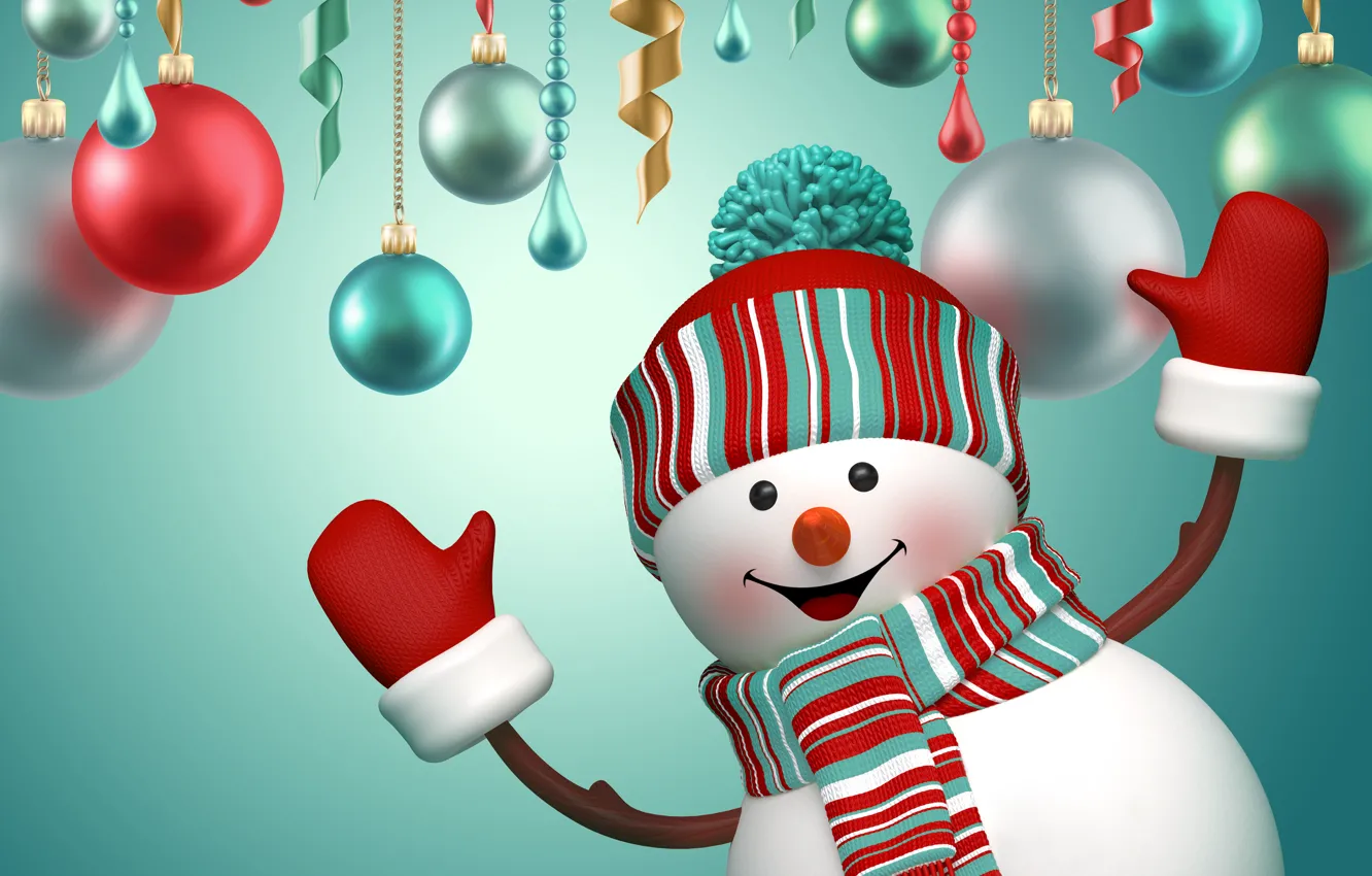 Photo wallpaper balls, New Year, Christmas, snowman, Christmas, New Year, cute, snowman