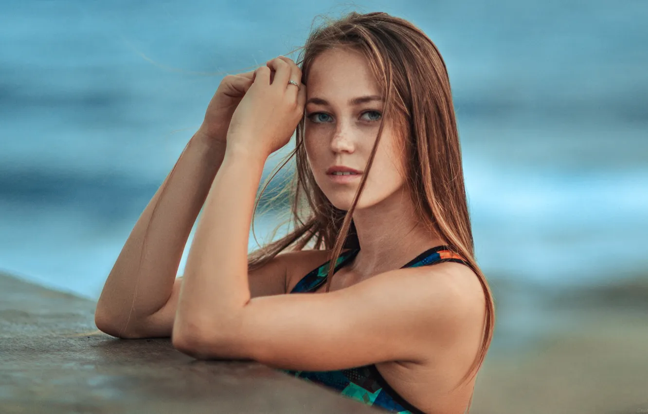 Photo wallpaper sea, beach, swimsuit, look, water, pose, model, makeup