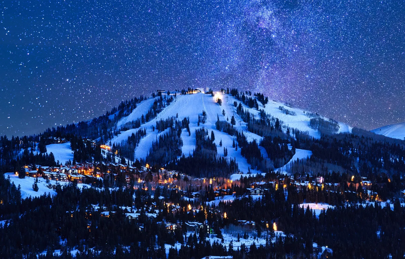 Photo wallpaper lights, USA, sky, trees, landscape, nature, night, winter