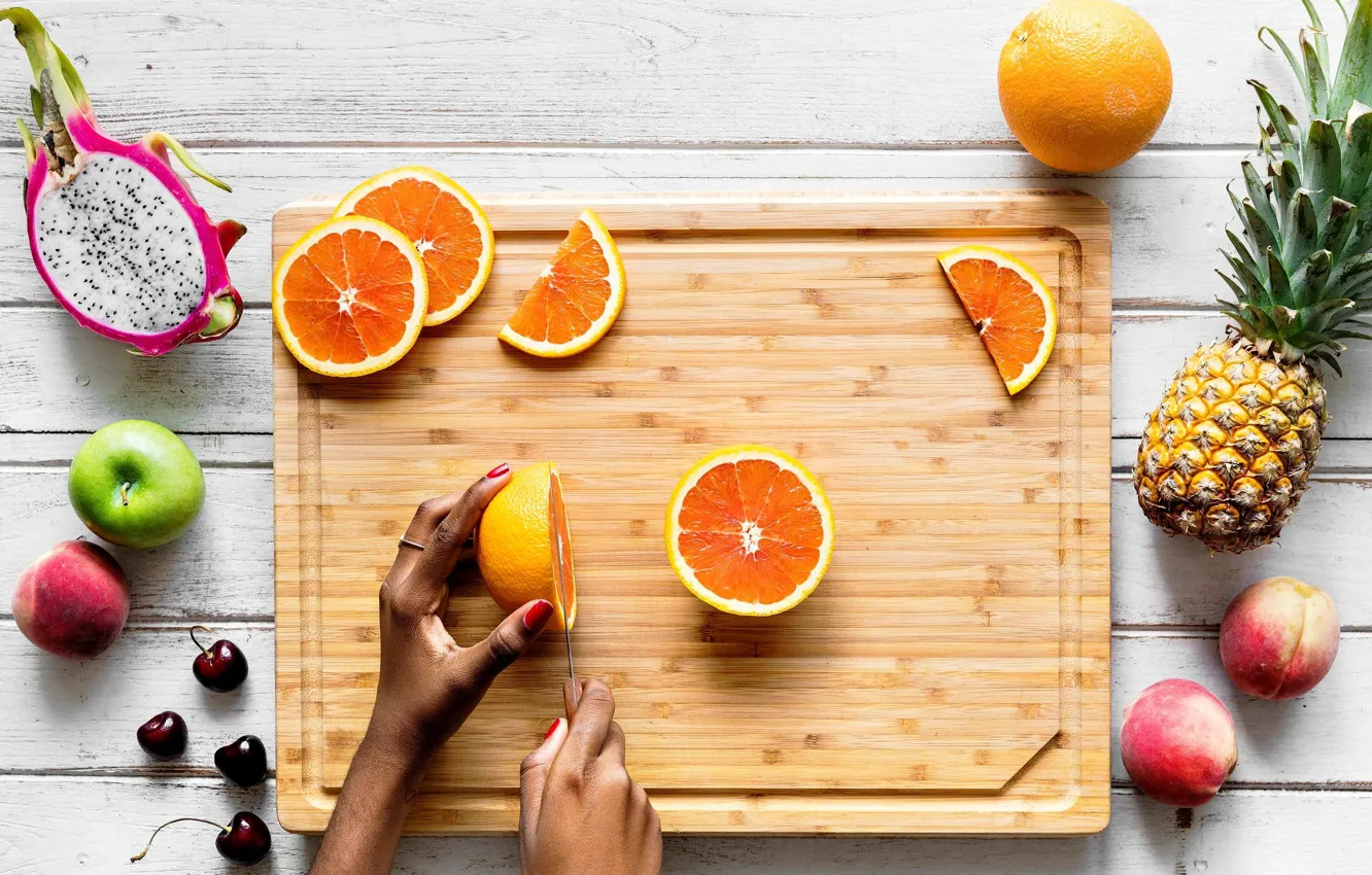 Photo wallpaper orange, fruit, pineapple, peaches, fruit dragon