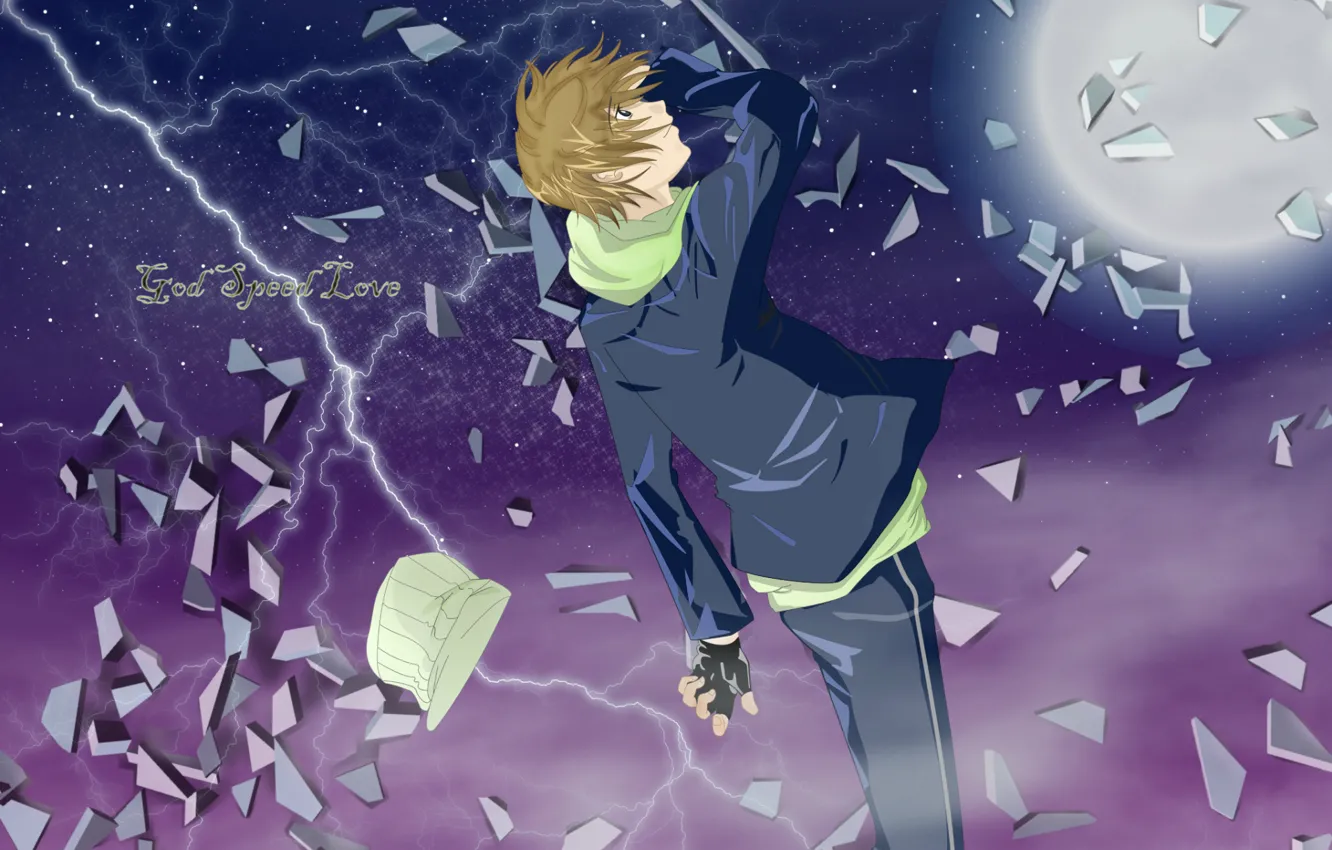 Photo wallpaper fragments, the moon, lightning, hat, jacket, art, air gear, from the back